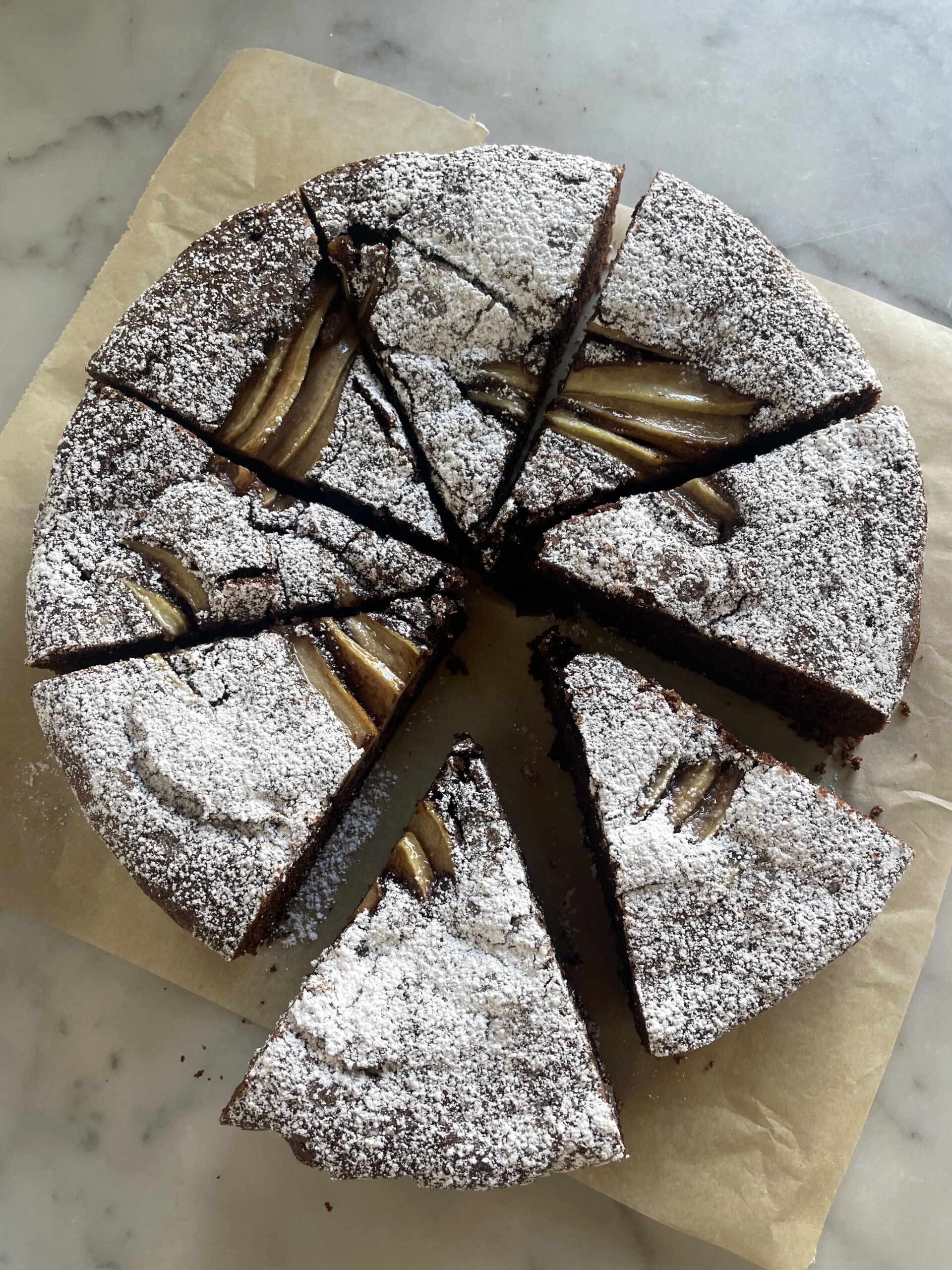 sliced chocolate and pear cake