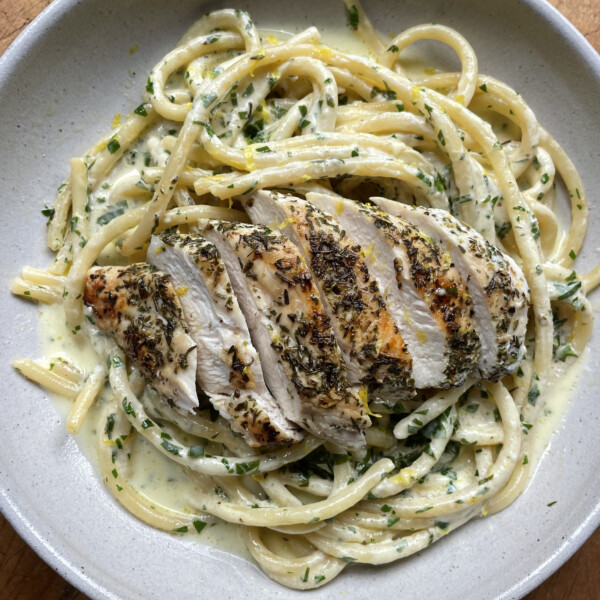 creamy chicken pasta in bowl 1