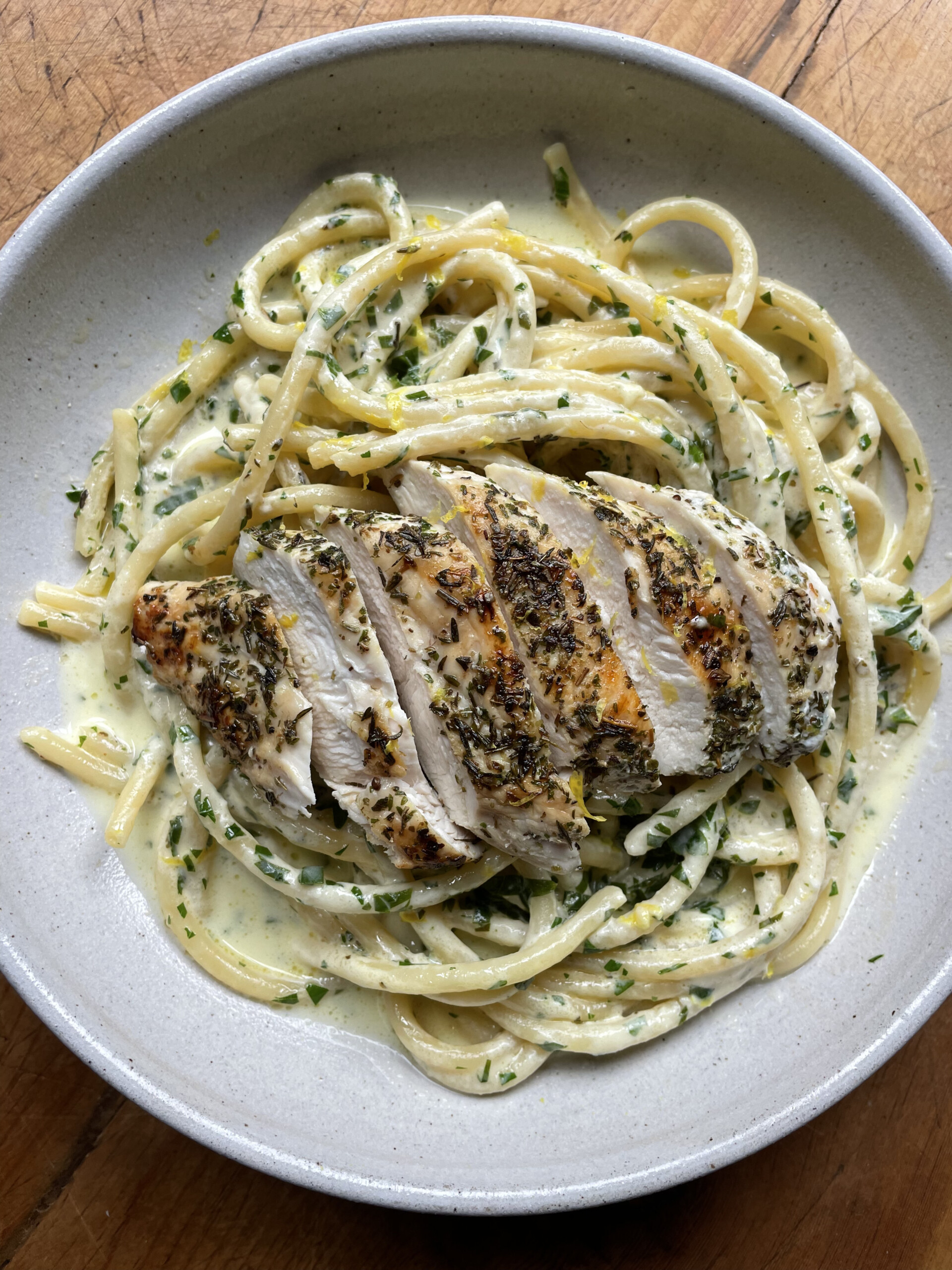 creamy chicken pasta in bowl