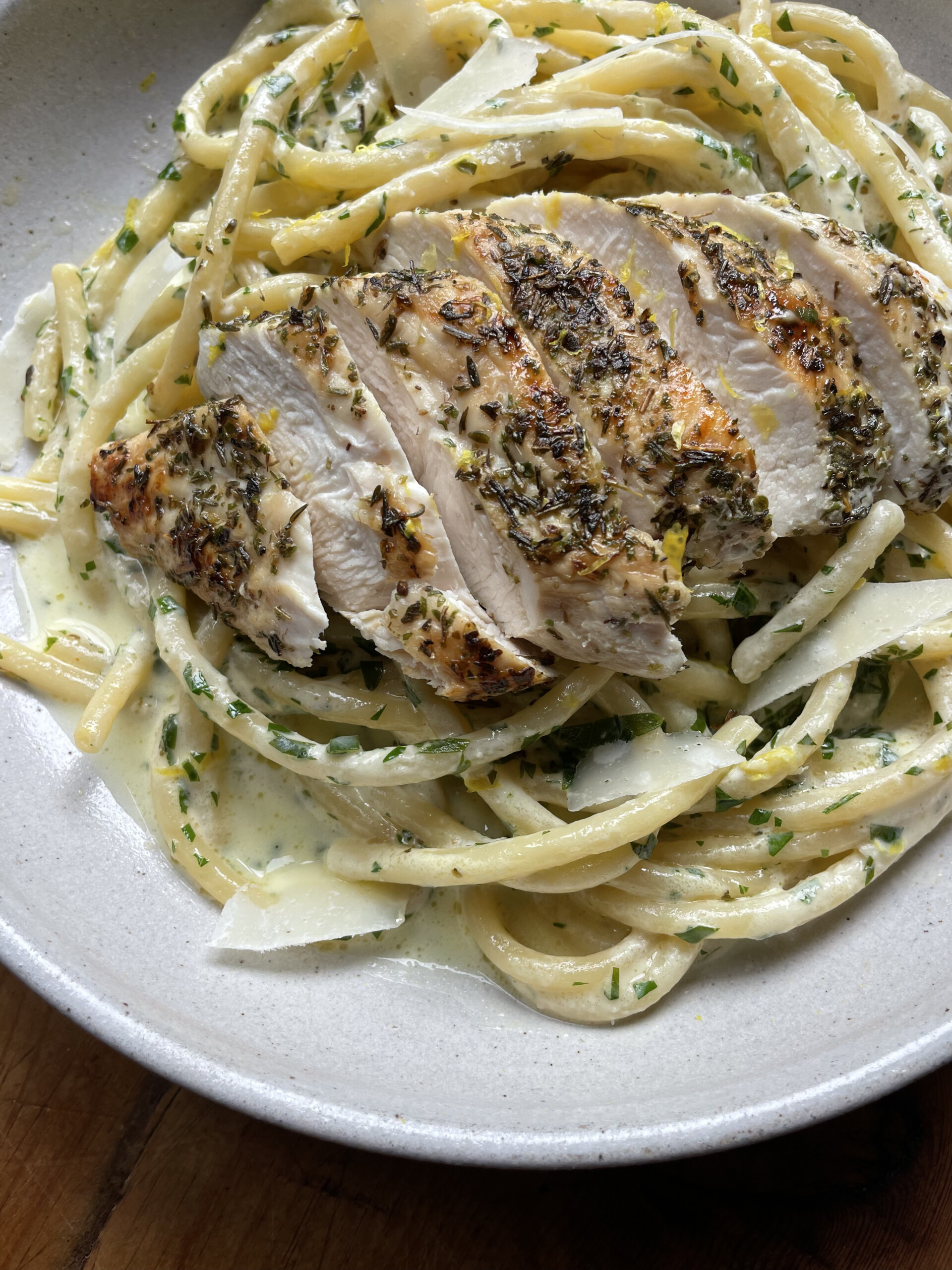 creamy chicken pasta close up