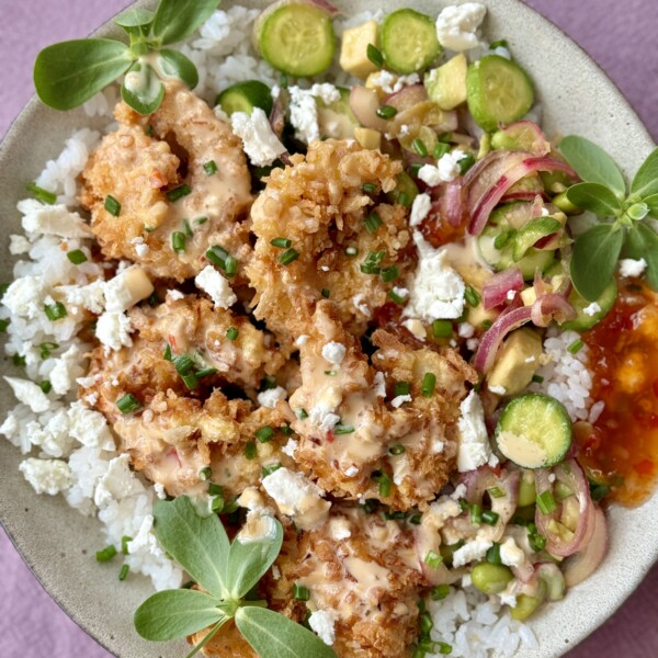 panko brown rice bowl with cucumber and herbs