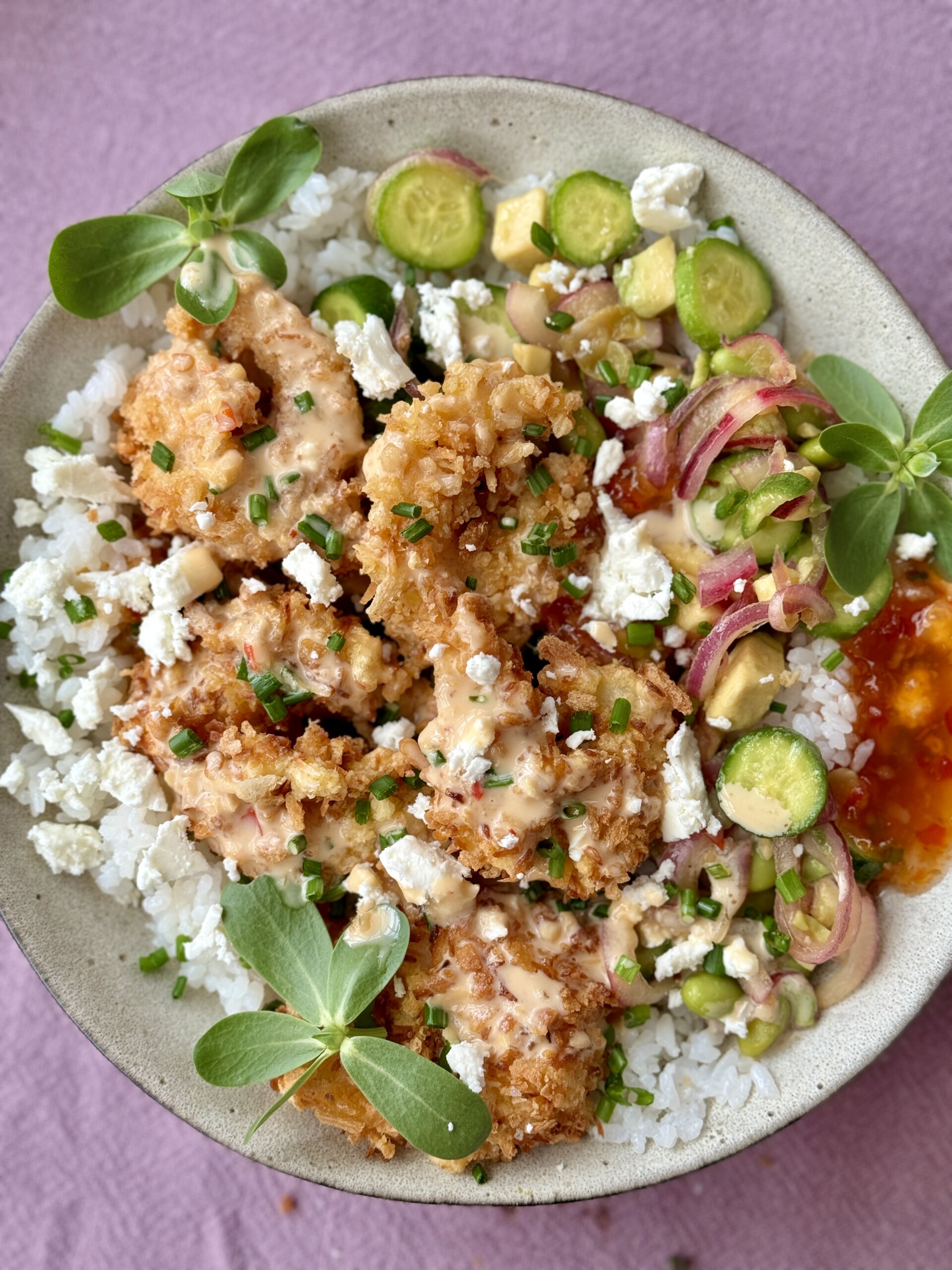 panko brown rice bowl with cucumber and herbs