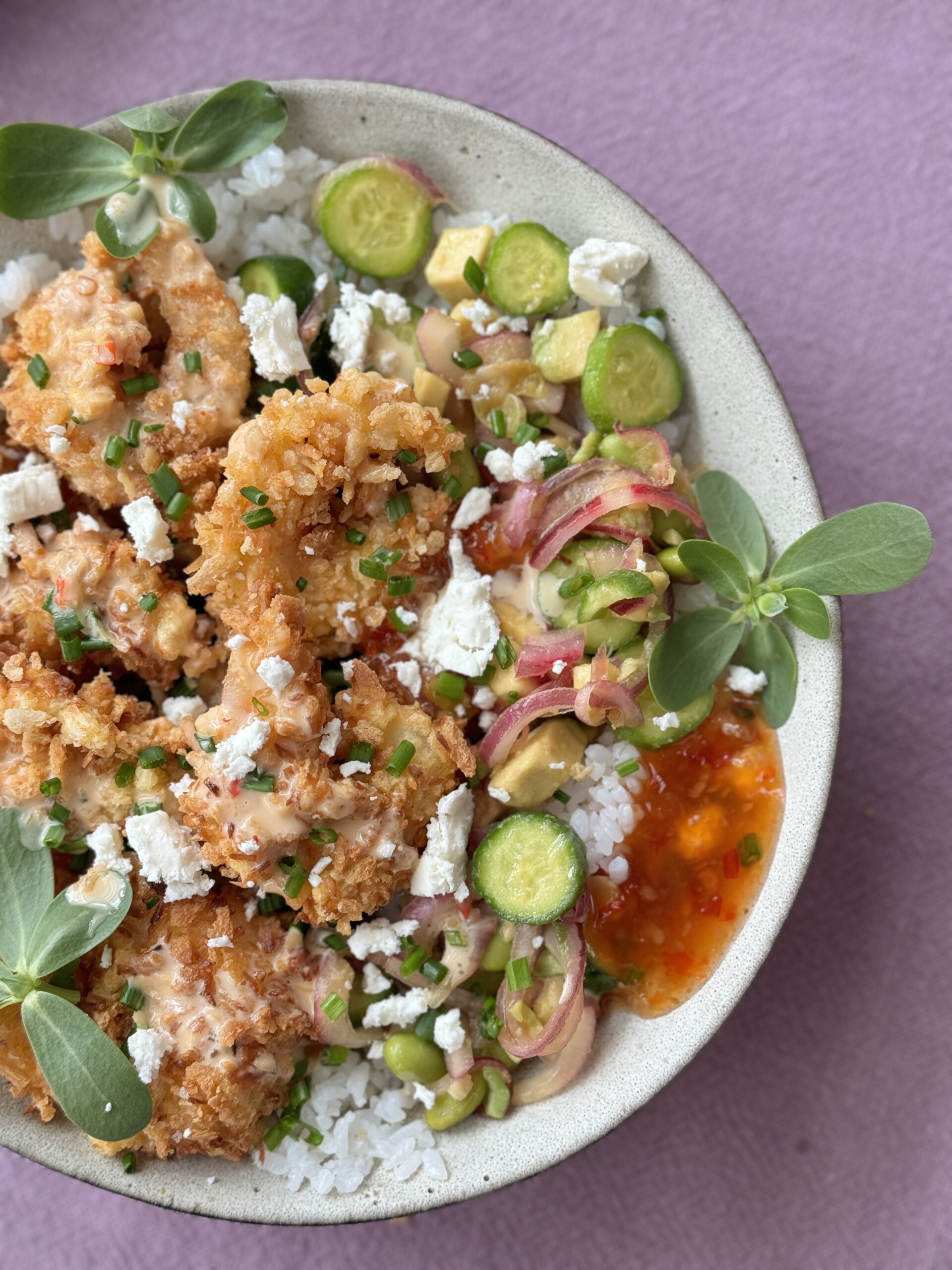 panko brown rice bowl with cucumber and herbs