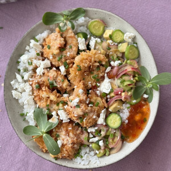 panko brown rice bowl with cucumber and herbs