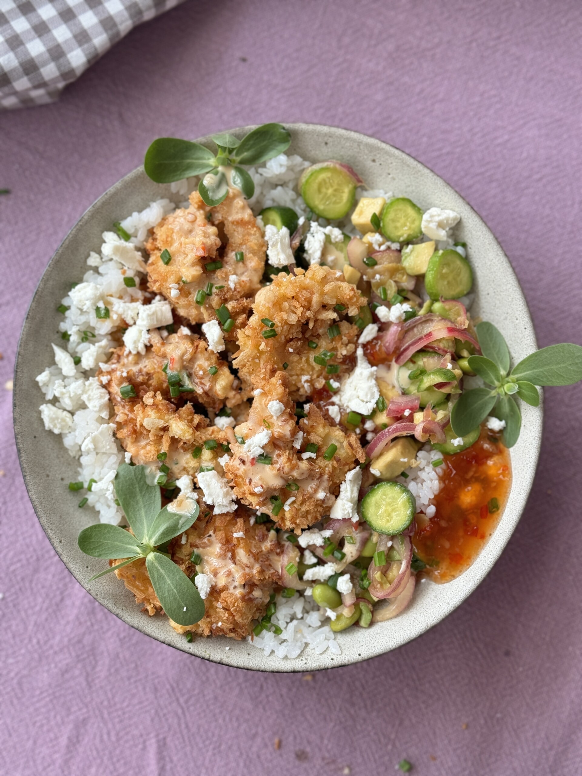 panko brown rice bowl with cucumber and herbs