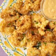 panko shrimp on a plate with dip.