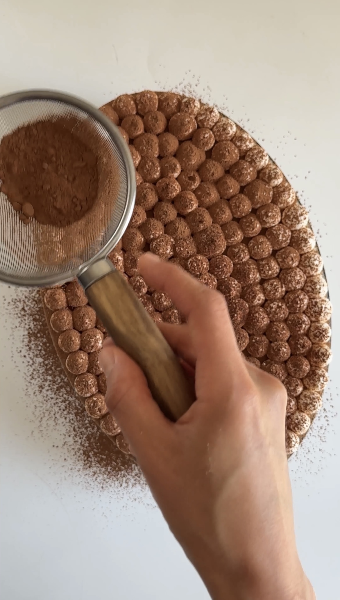 dusting cocoa powder on speculoos tiramisu