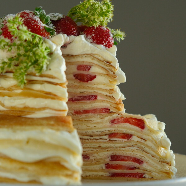 strawberry mille crepe cake crossection