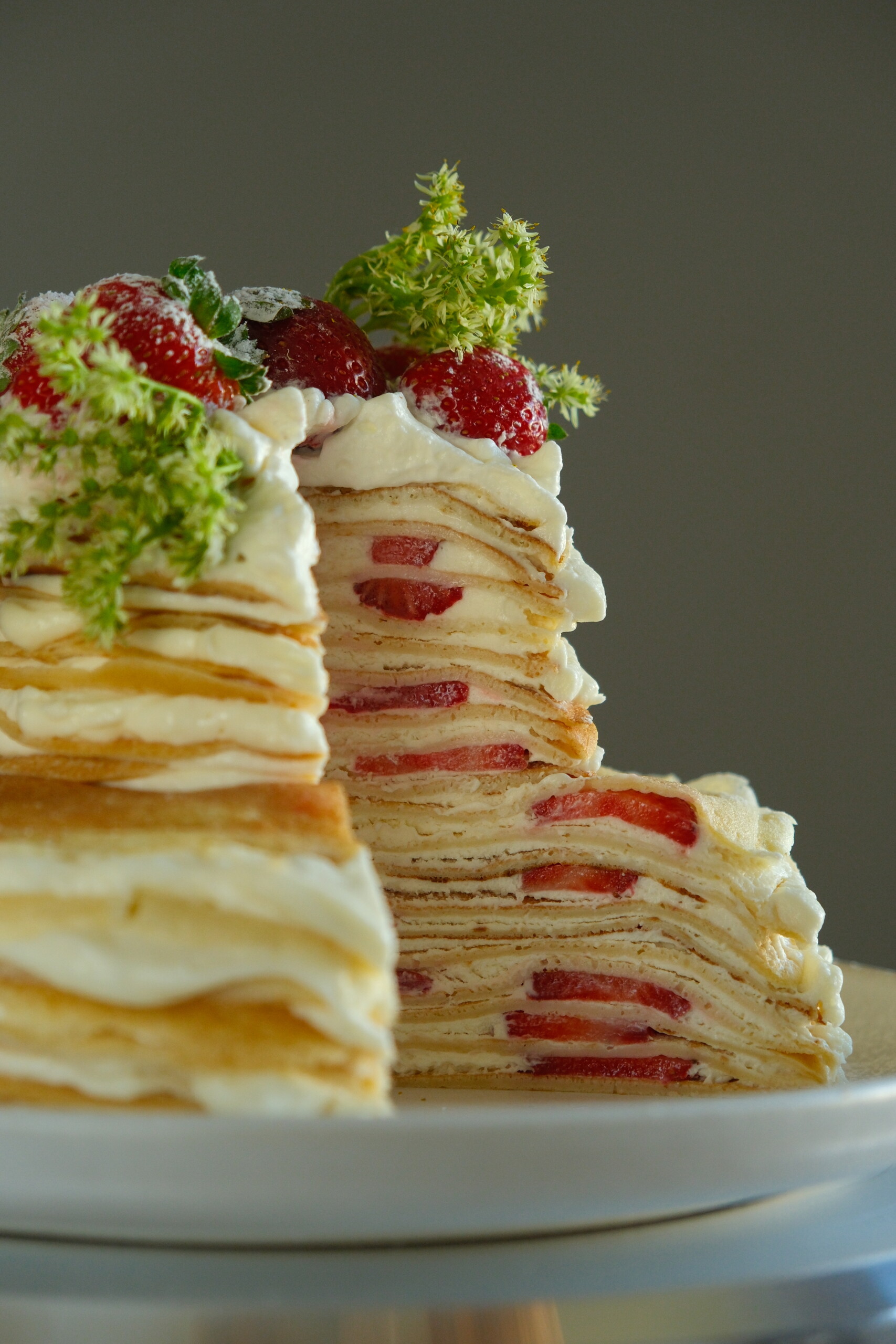 strawberry mille crepe cake crossection