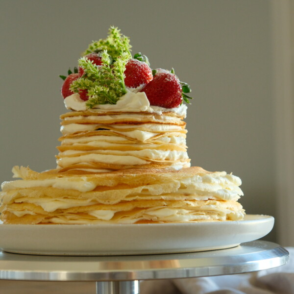 strawberry mille crepe cake side angle