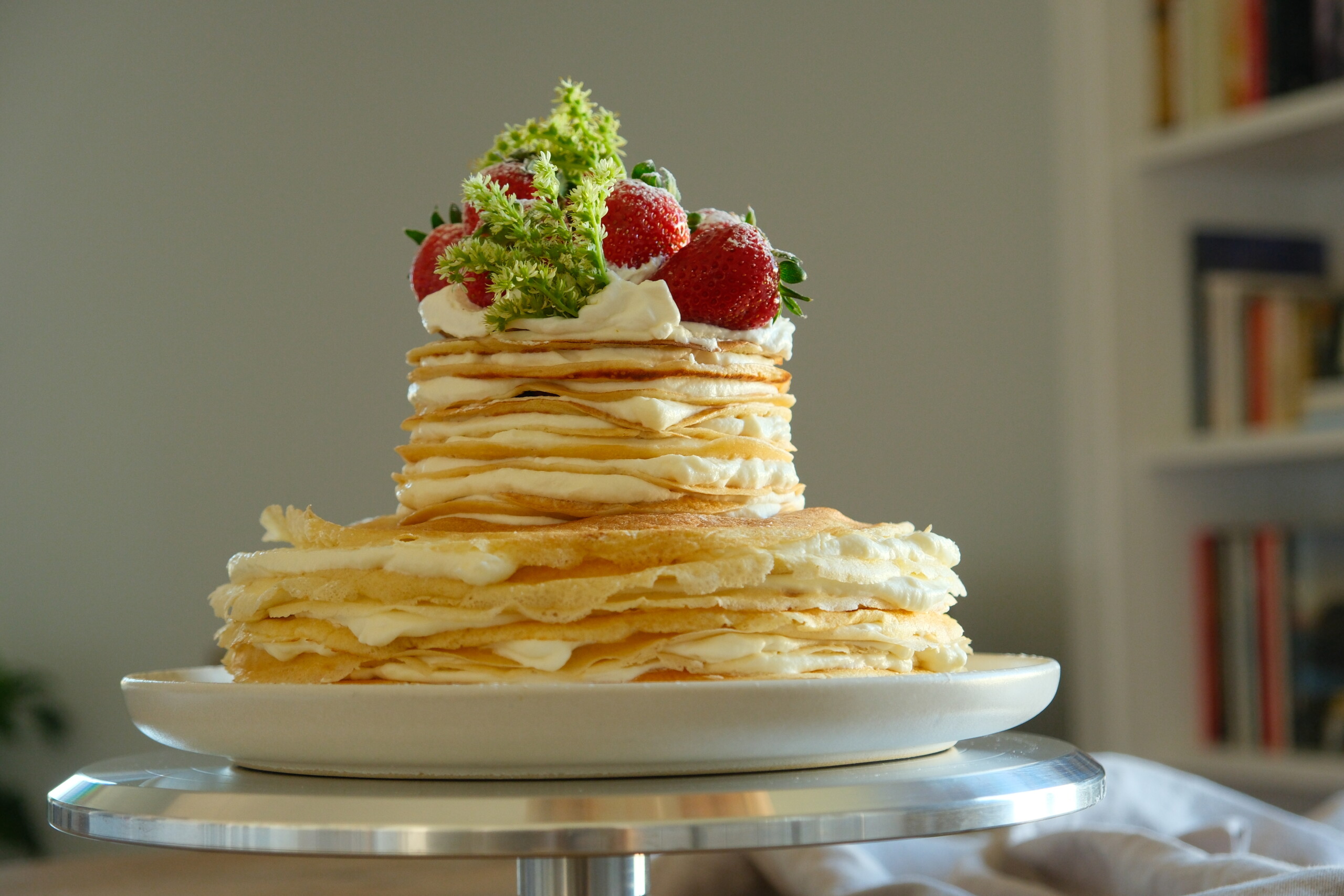 strawberry mille crepe cake side angle