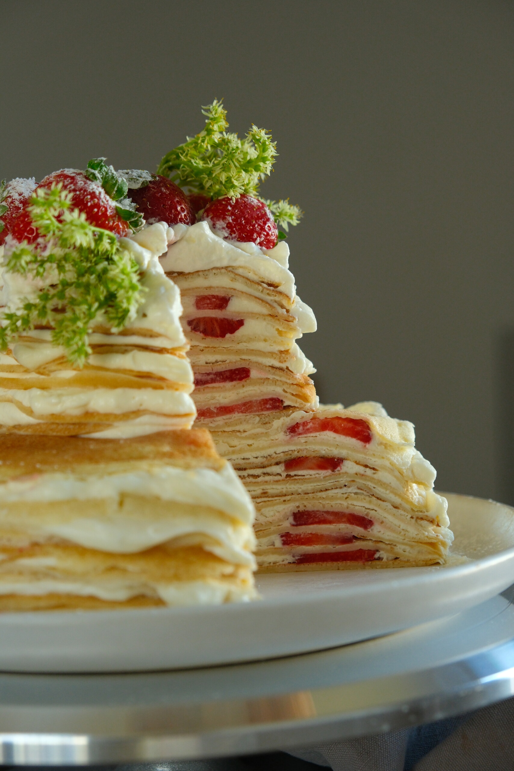 strawberry mille crepe cake crossection