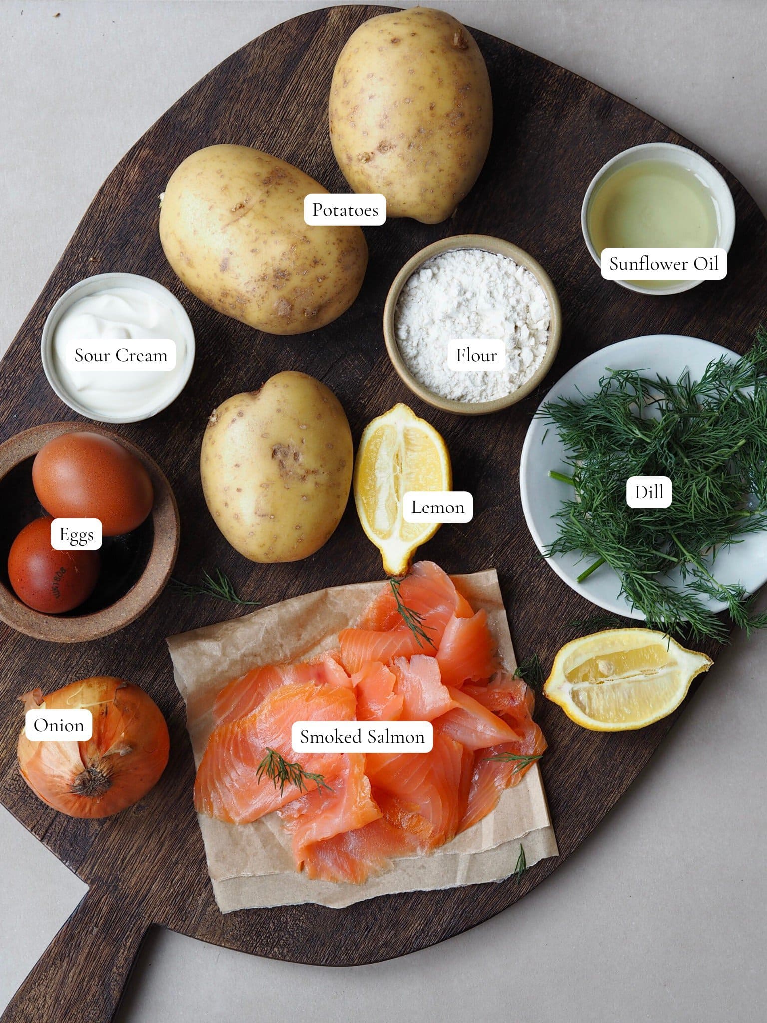 labelled ingredients for giant skillet potato latke. 