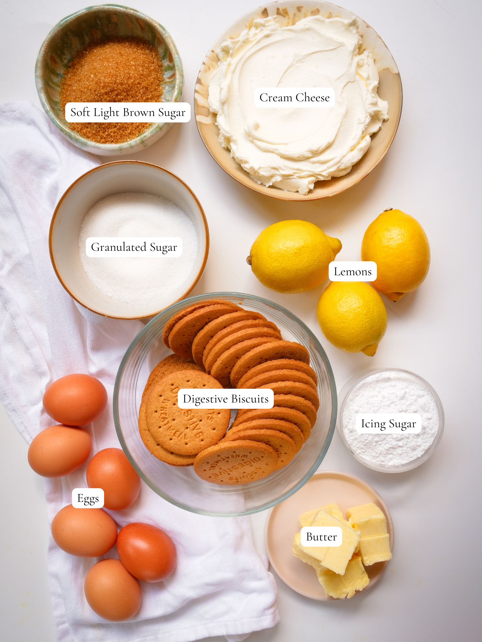 labelled ingredients for lemon meringue cheesecake