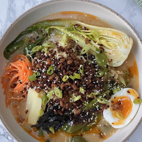 tofu noodle soup in a bowl