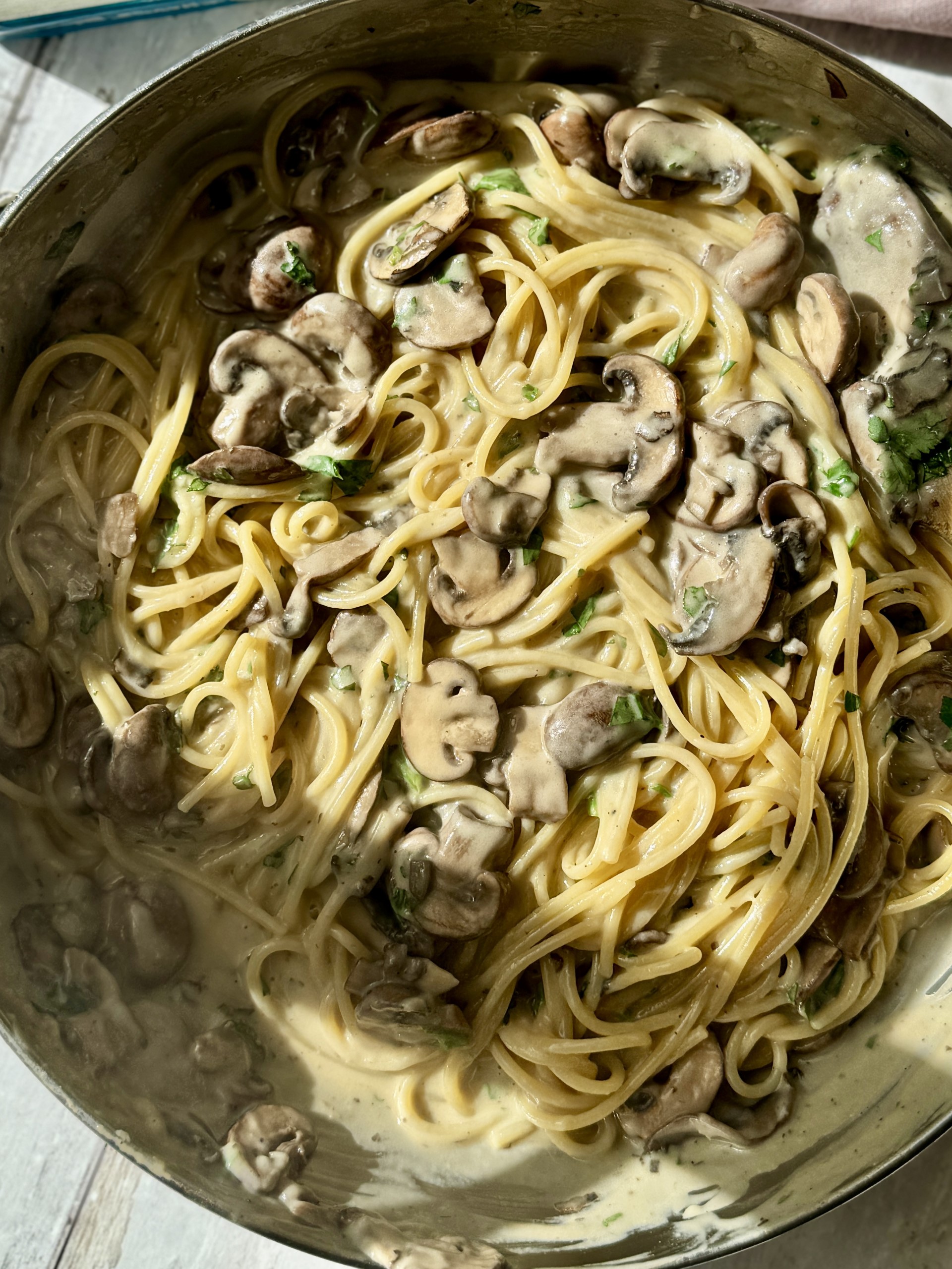 Creamy Mushroom Pasta in a pan