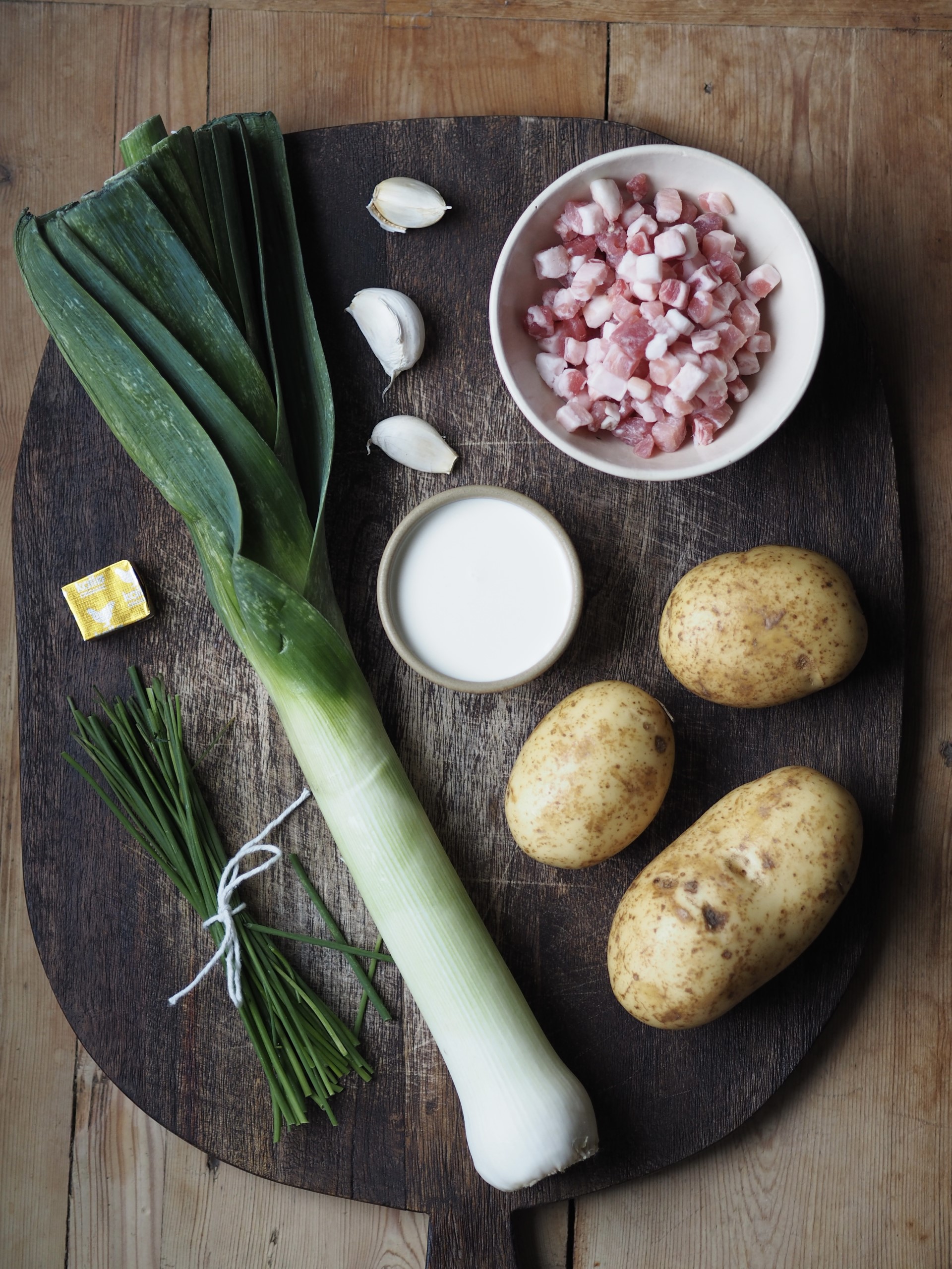 Leek Potato and Bacon Soup with Crispy Croutons