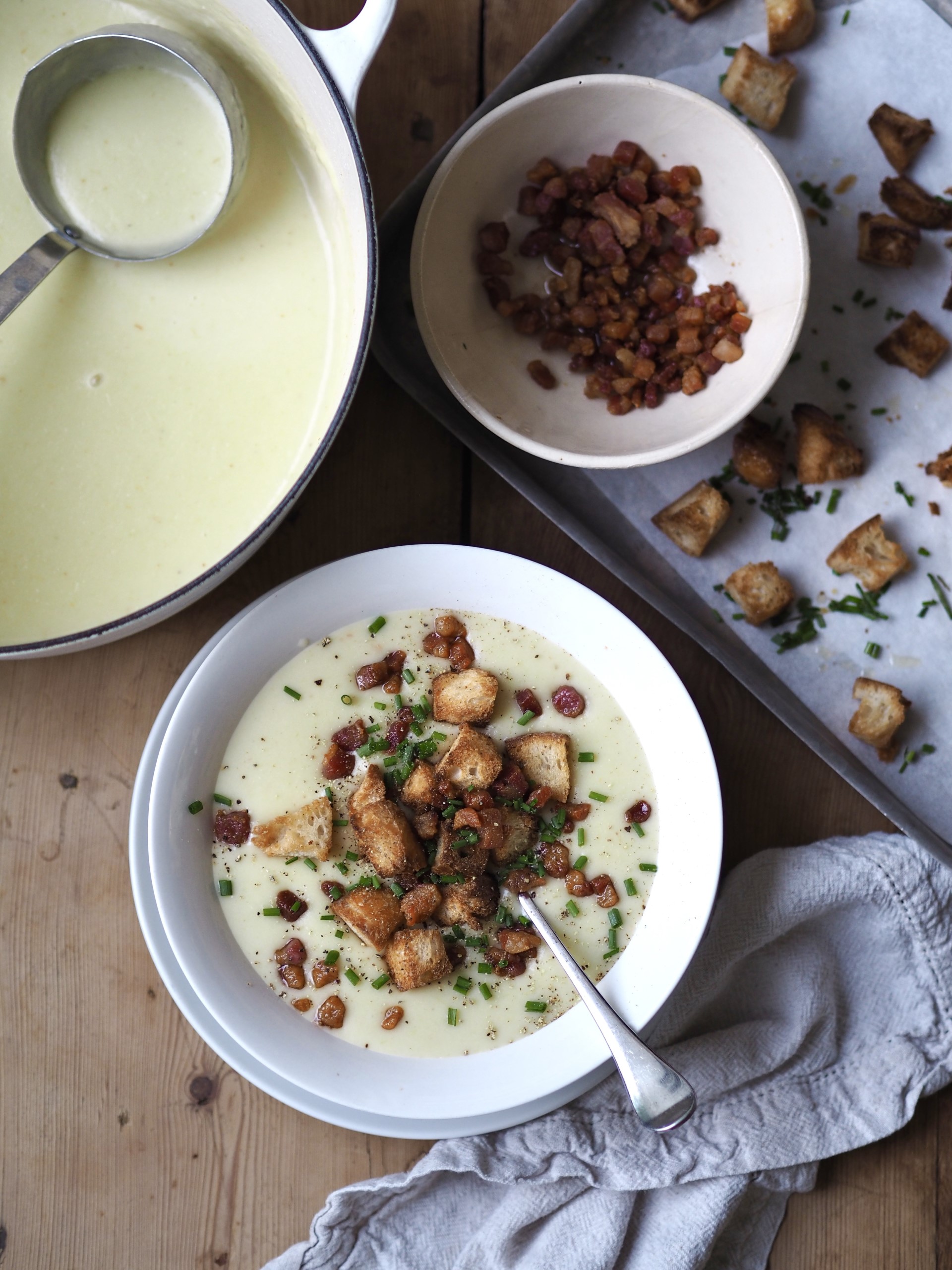 Leek Potato and Bacon Soup with Crispy Croutons