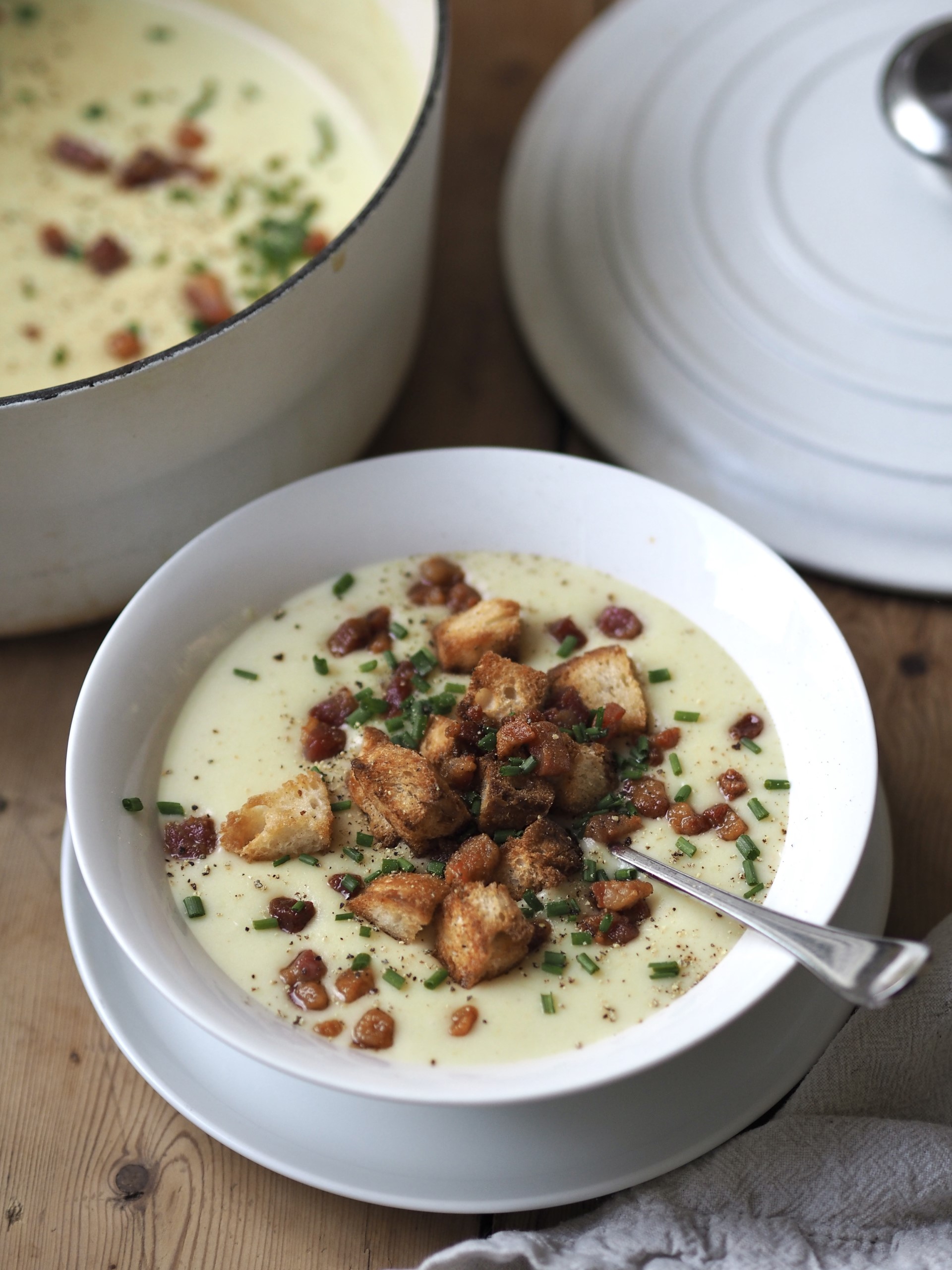 Leek Potato and Bacon Soup with Crispy Croutons