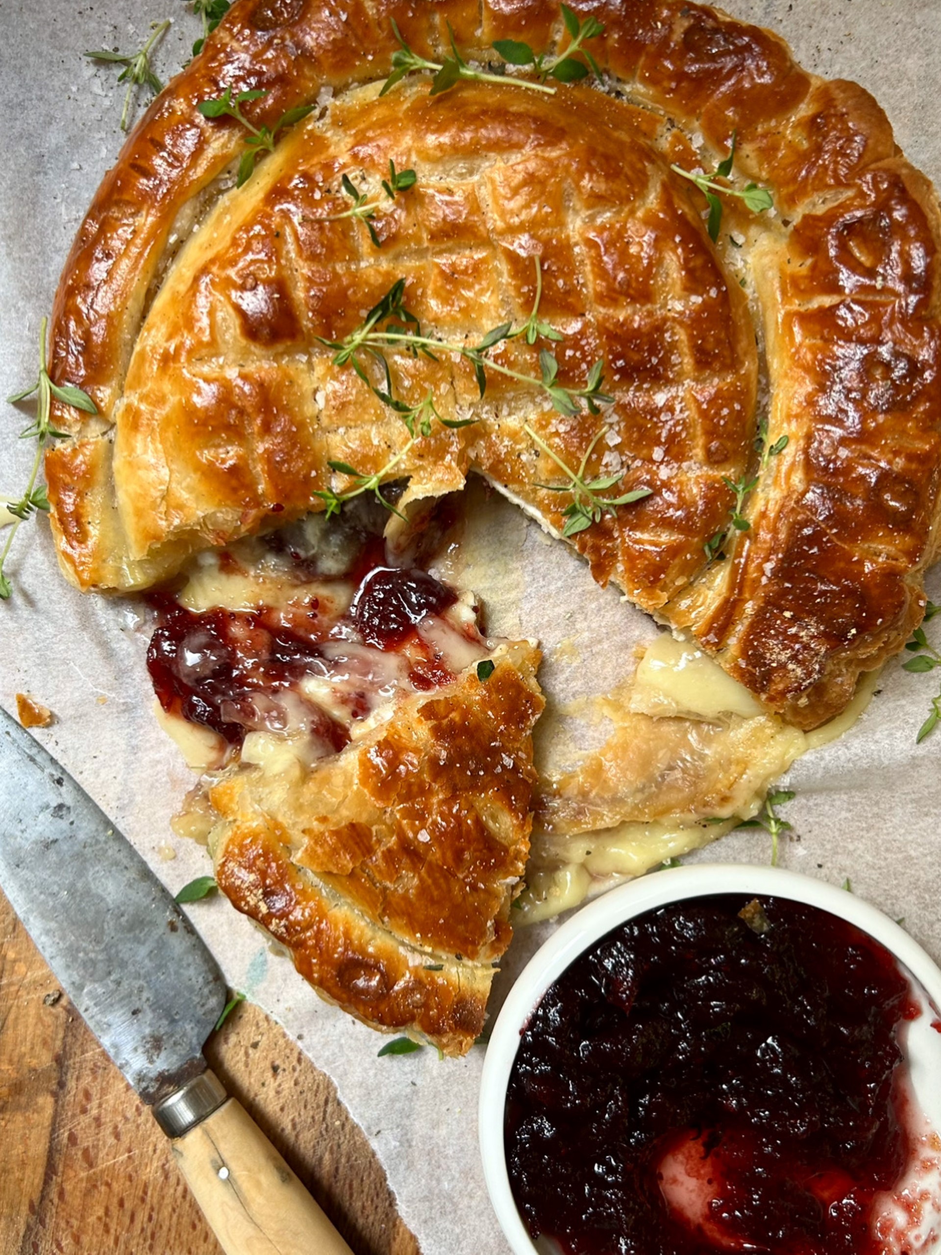 Slicing the Camembert en Croute (Whole Baked Camembert in Puff Pastry)