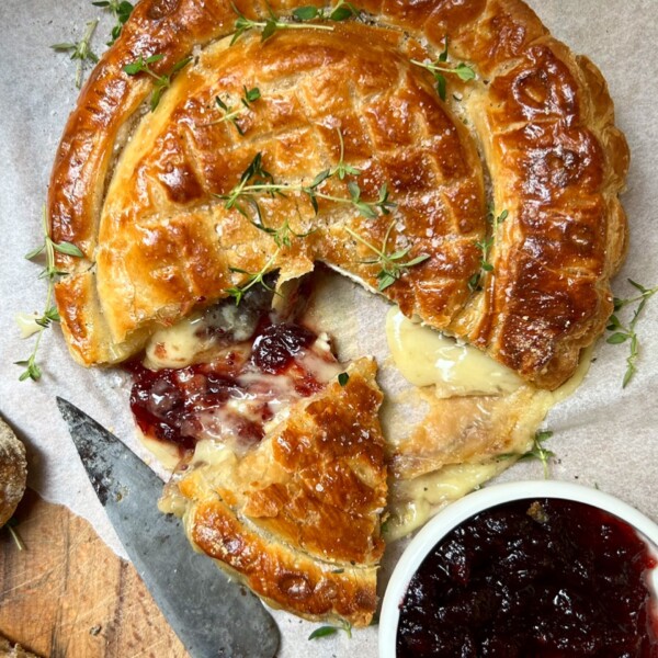 Slicing the Camembert en Croute (Whole Baked Camembert in Puff Pastry)