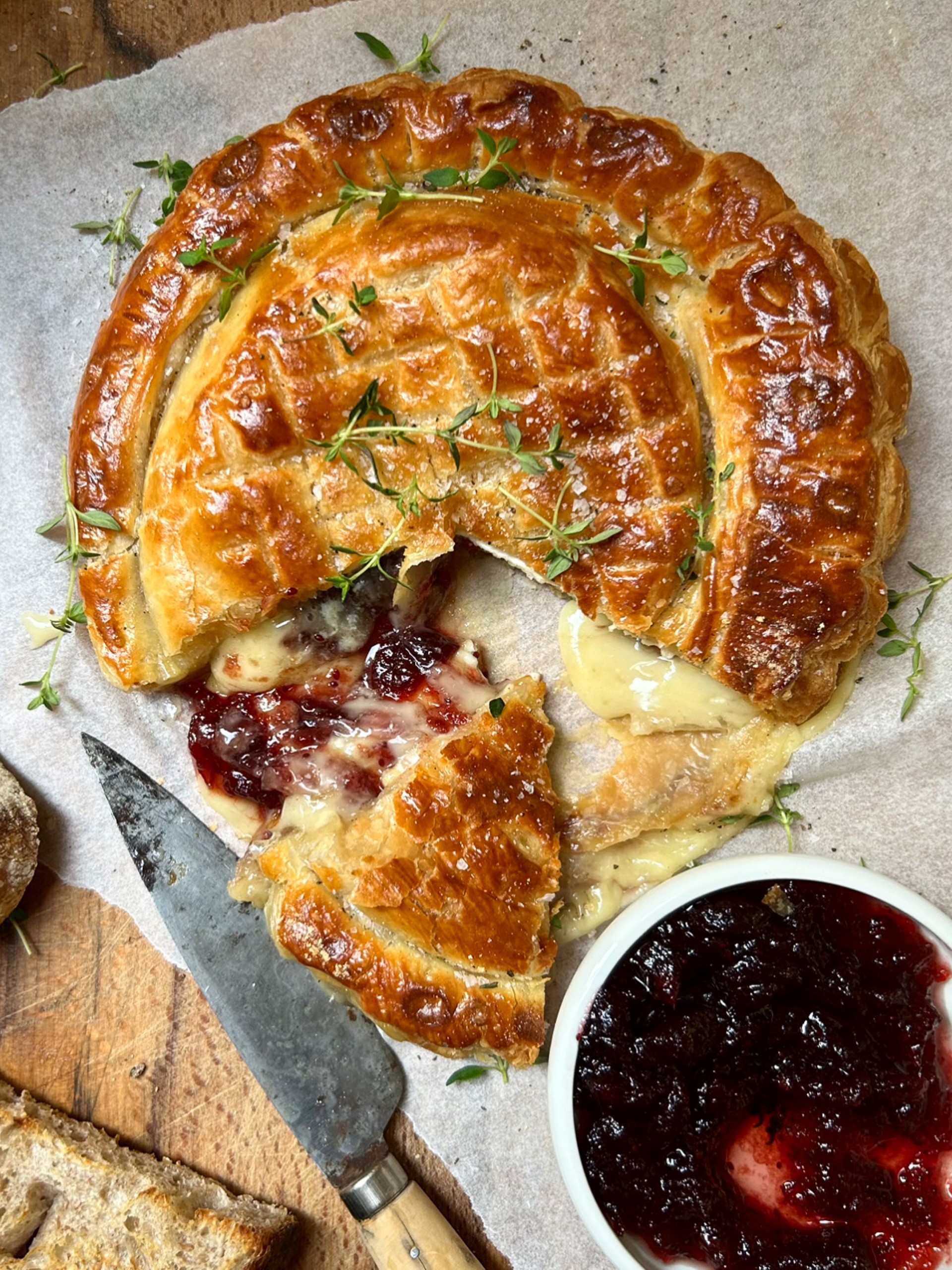 Slicing the Camembert en Croute (Whole Baked Camembert in Puff Pastry)