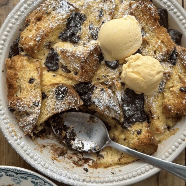 Dishing up Panettone, Orange and Dark Chocolate Bread and Butter Pudding