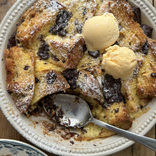 Dishing up Panettone, Orange and Dark Chocolate Bread and Butter Pudding