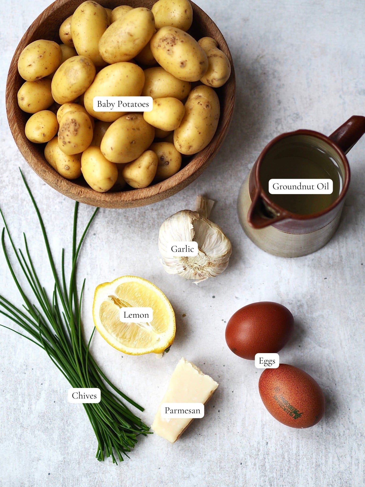 Ingredients for Cheesy Smashed Potatoes with Parmesan, Garlic with Homemade Aioli.