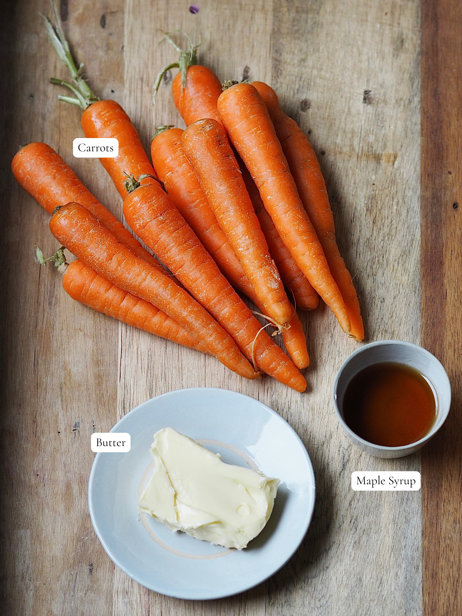 Labelled maple and butter glazed carrots ingredients. 