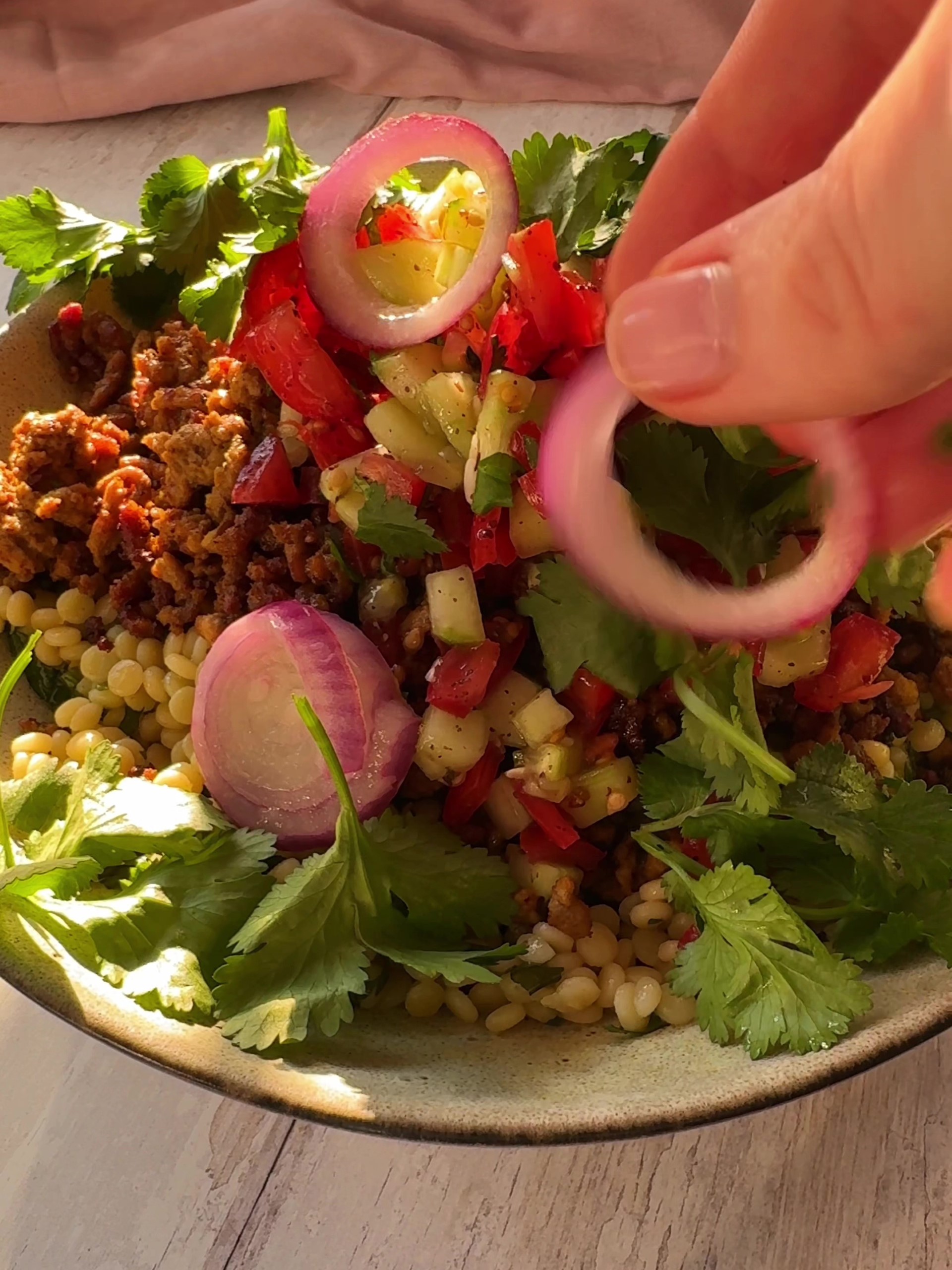 Assembling Mince and Couscous bowl