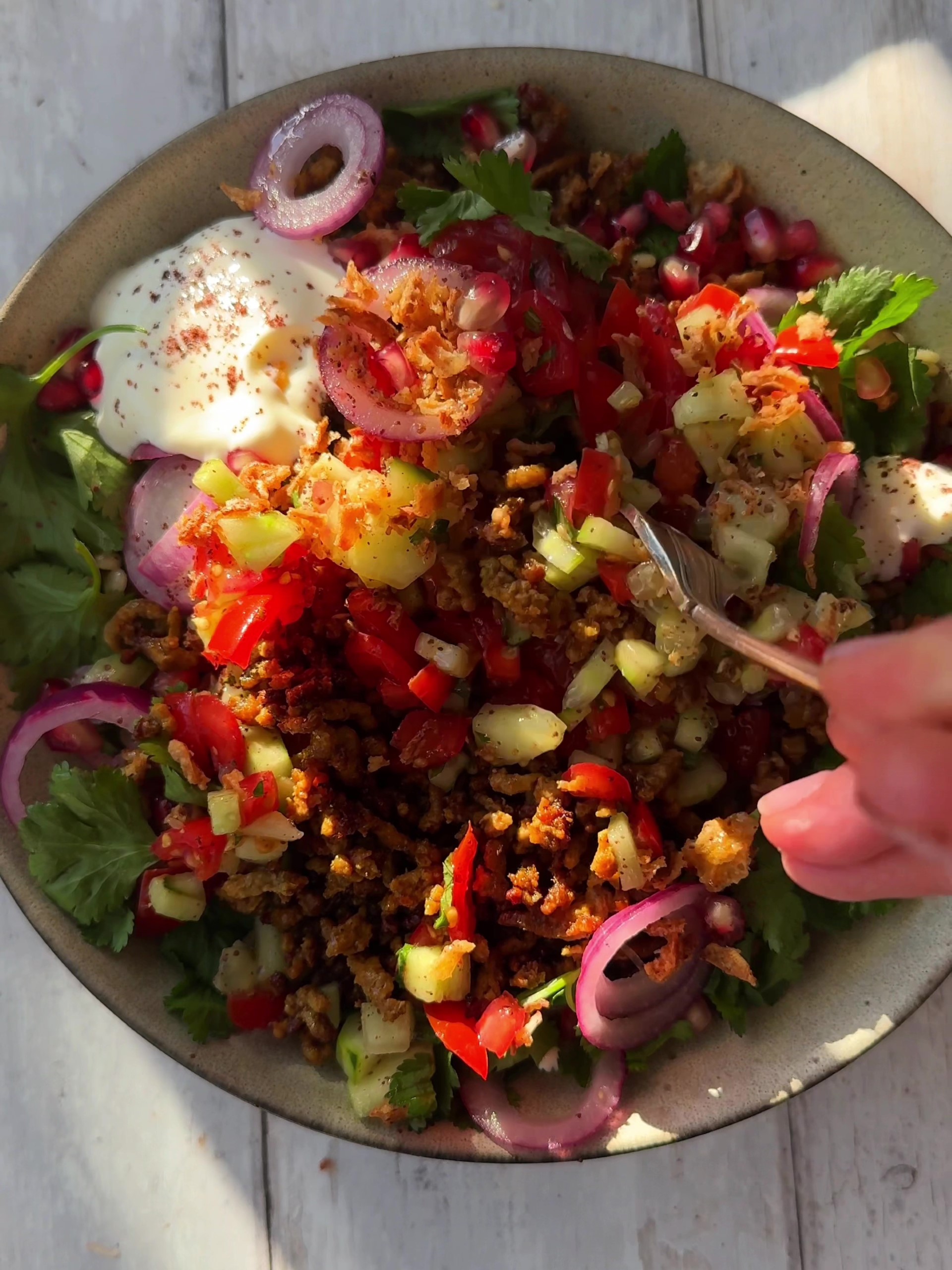 Crispy Lamb Mince Bowl with Couscous and Salad