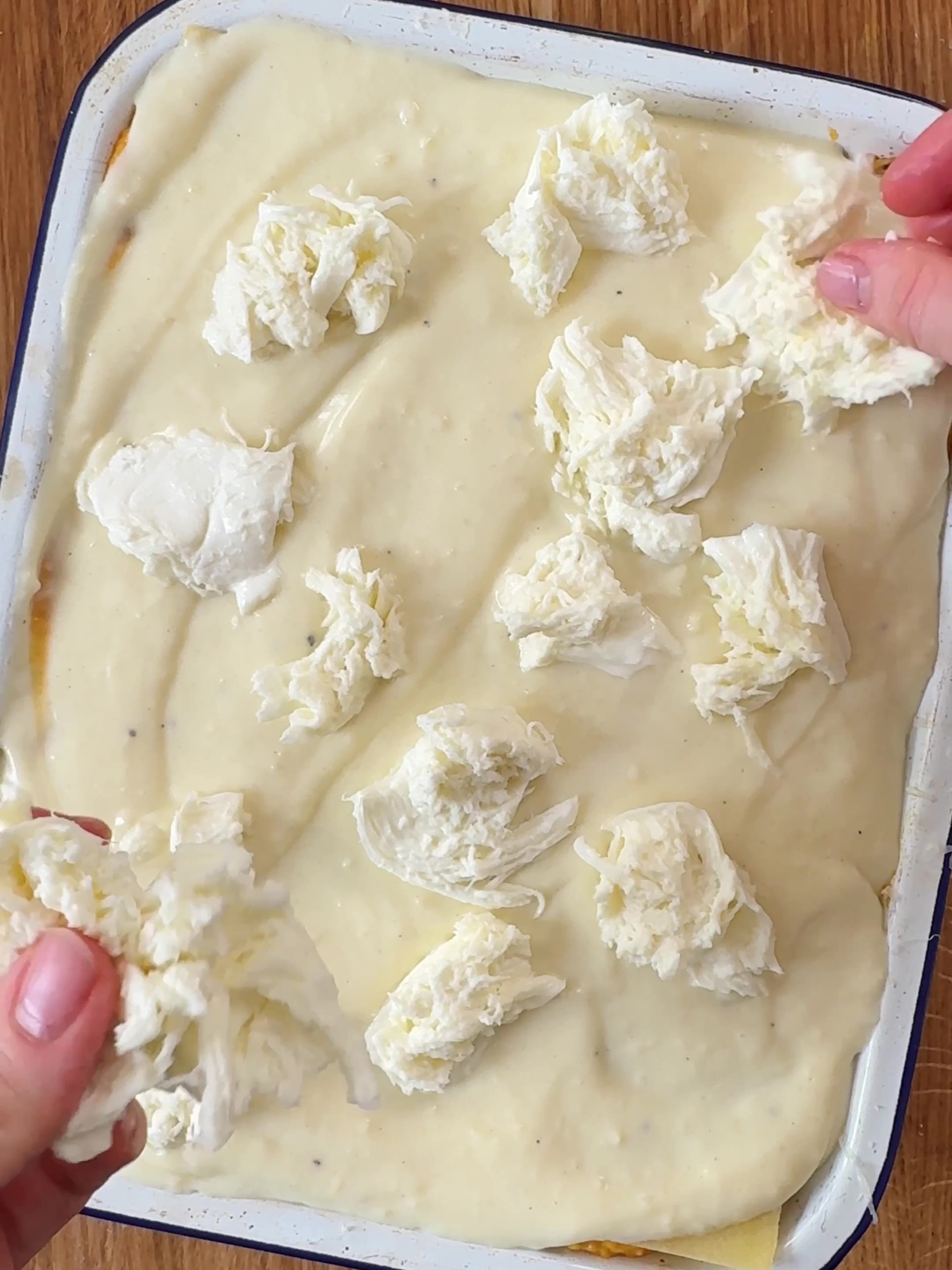 Adding mozzarella to the lasagne