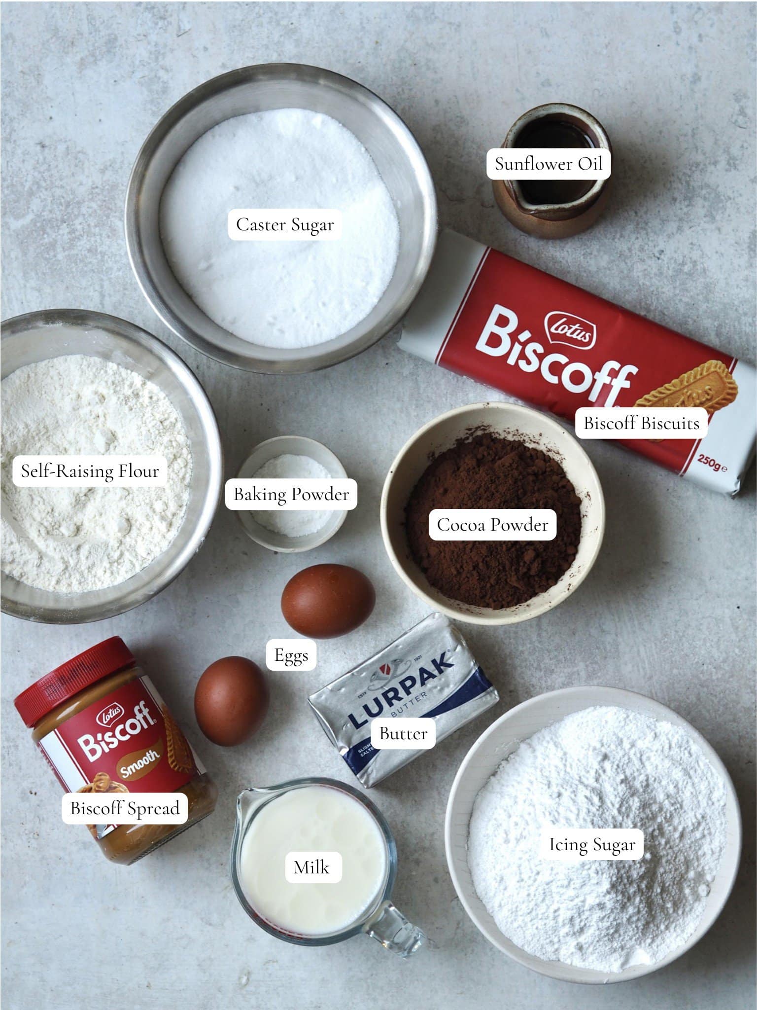 Labelled Ingredients for Biscoff Cake.