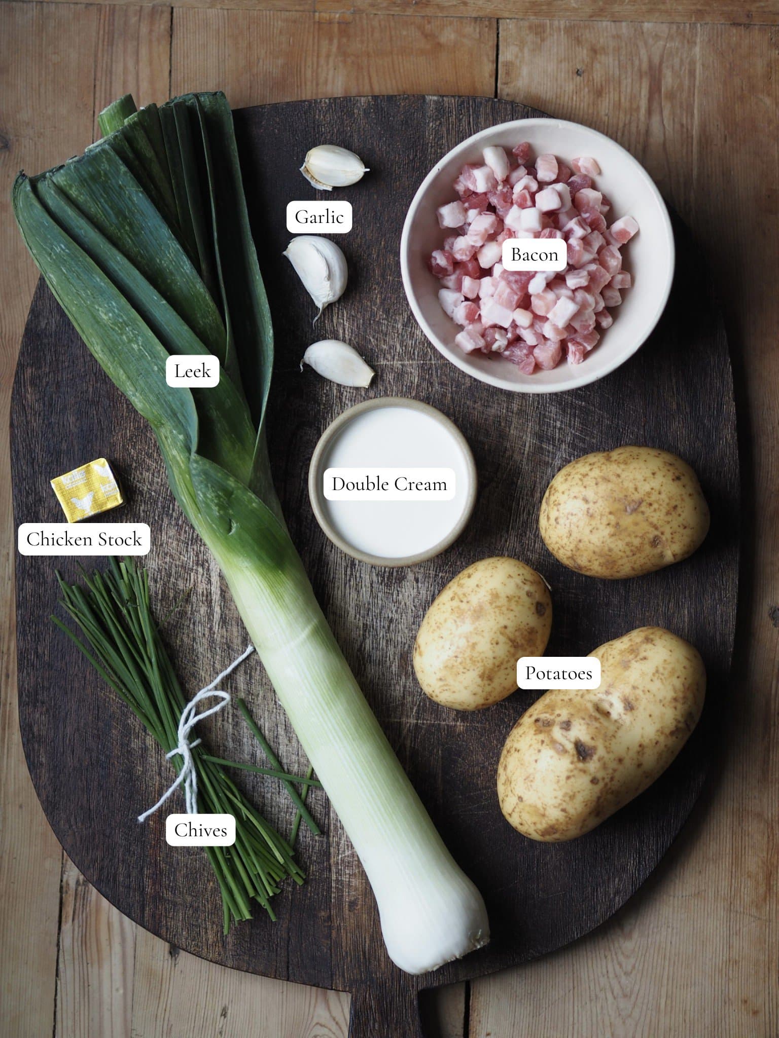 Leek Potato and Bacon Soup with Crispy Croutons labelled ingredients.