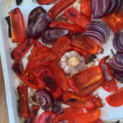 roasting red bell peppers with onion and garlic.