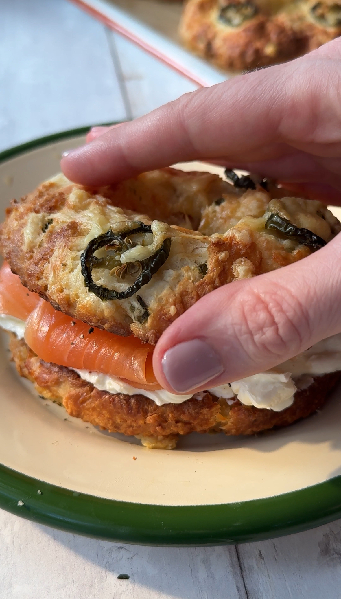 3 ingredient bagel with cream cheese and smoked salmon.