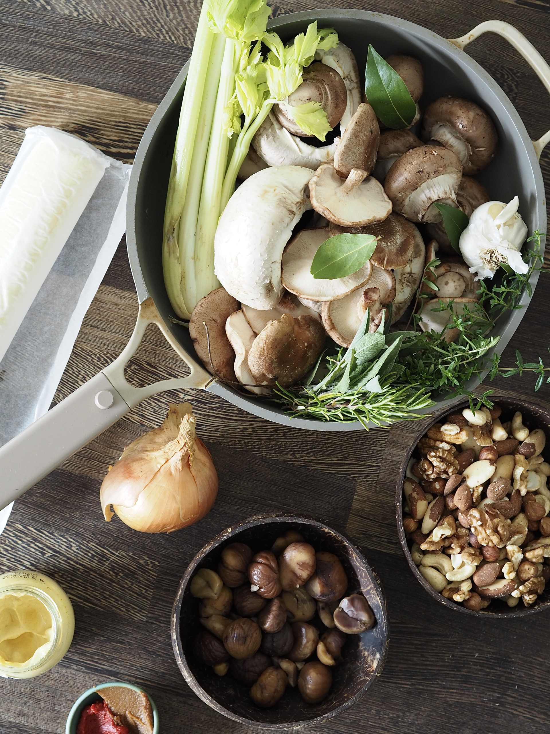 The fresh ingredients  for making Nut Roast Wellington