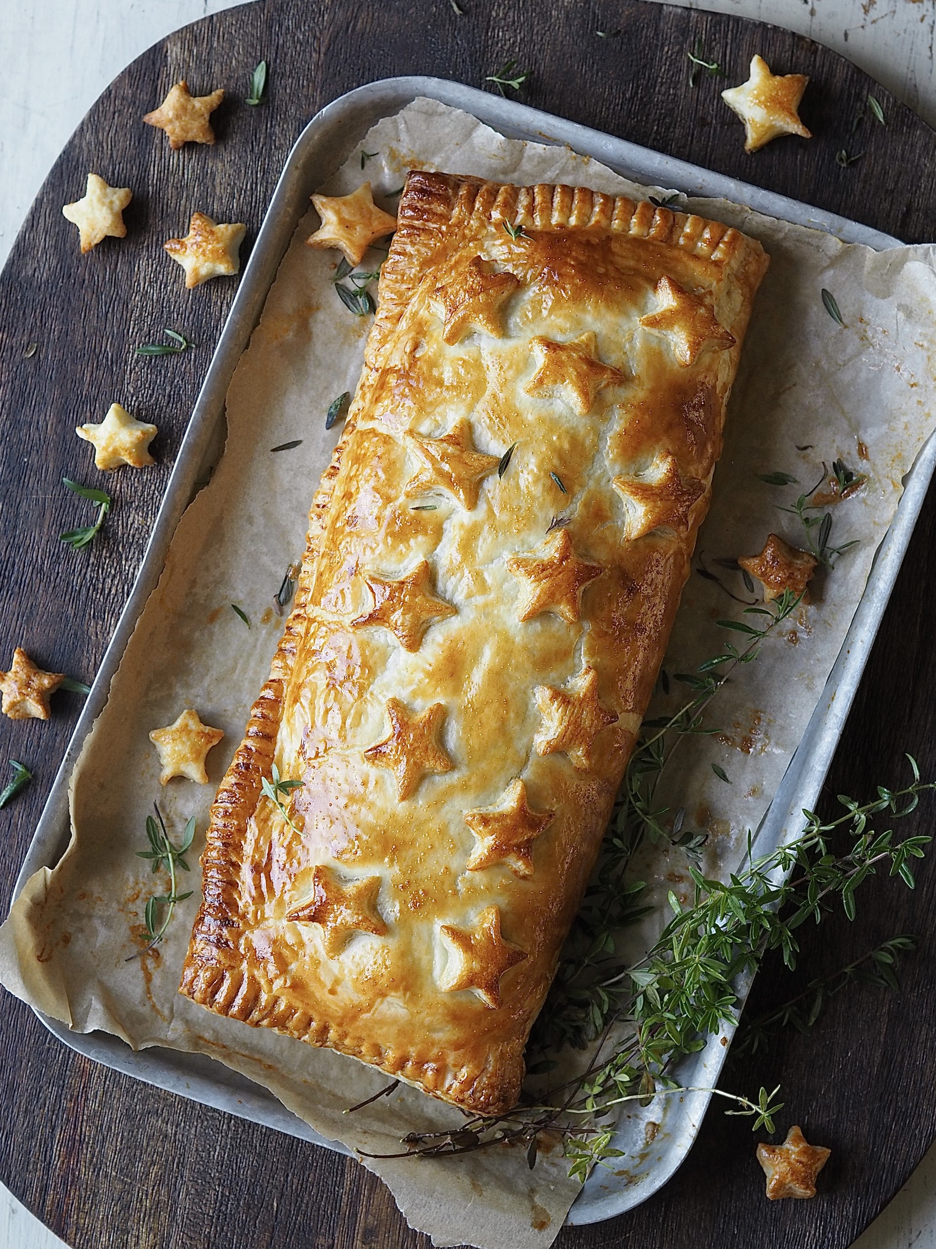 Baked Nut Roast Wellington in a baking dish.