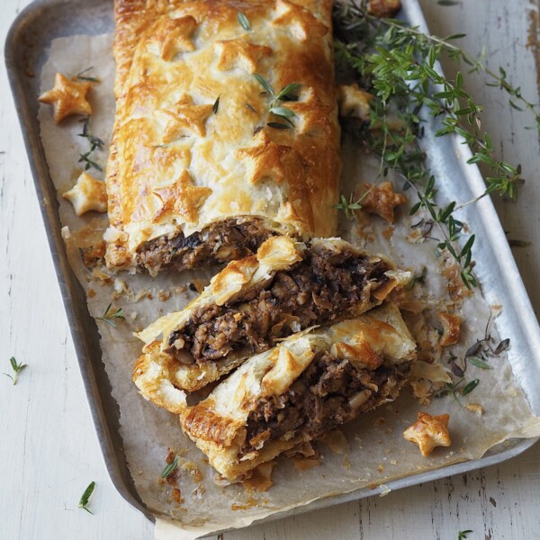 Baked Nut Roast Wellington on a baking tray