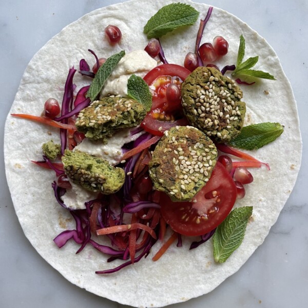 Baked Herby Falafel with Tzatziki on a tortilla