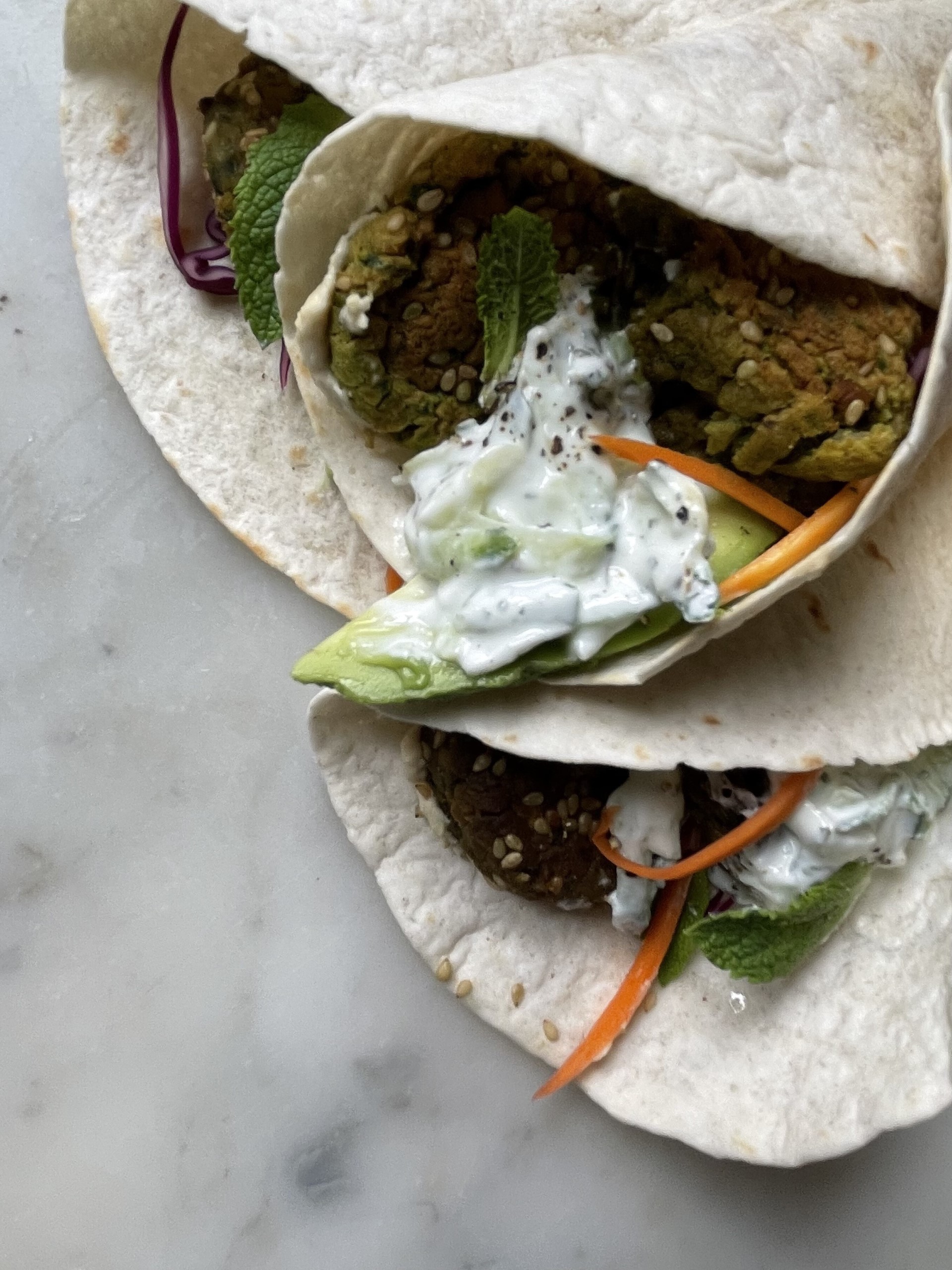 Baked Herby Falafel with Tzatziki in a tortilla wrap