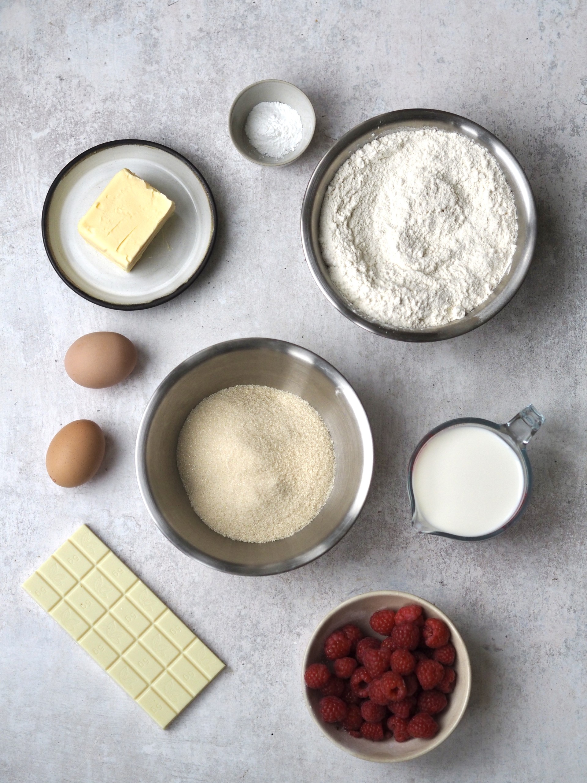 Ingredients to make the Raspberry White Chocolate Muffins