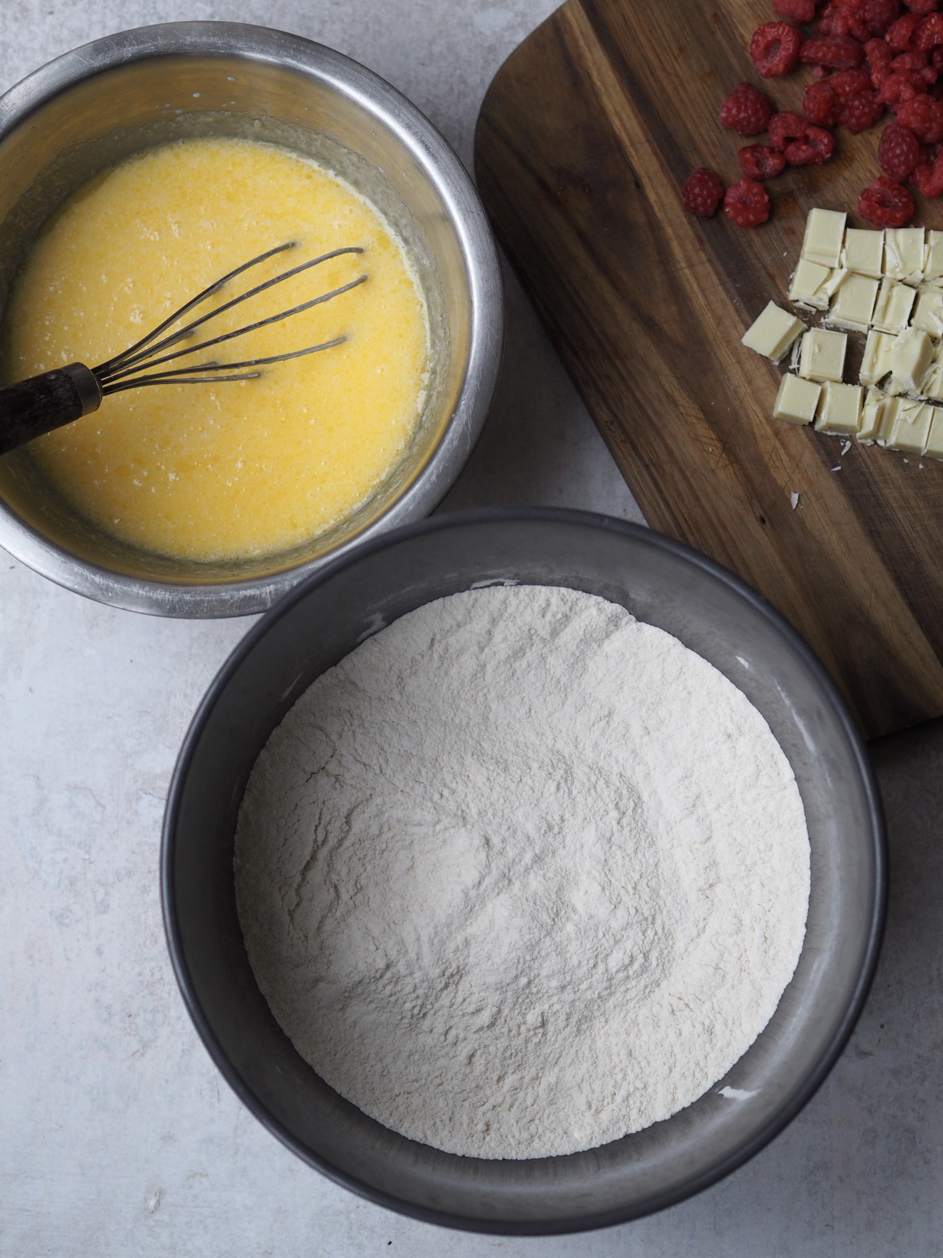 Dry ingredients and wet ingredients in separate bowls