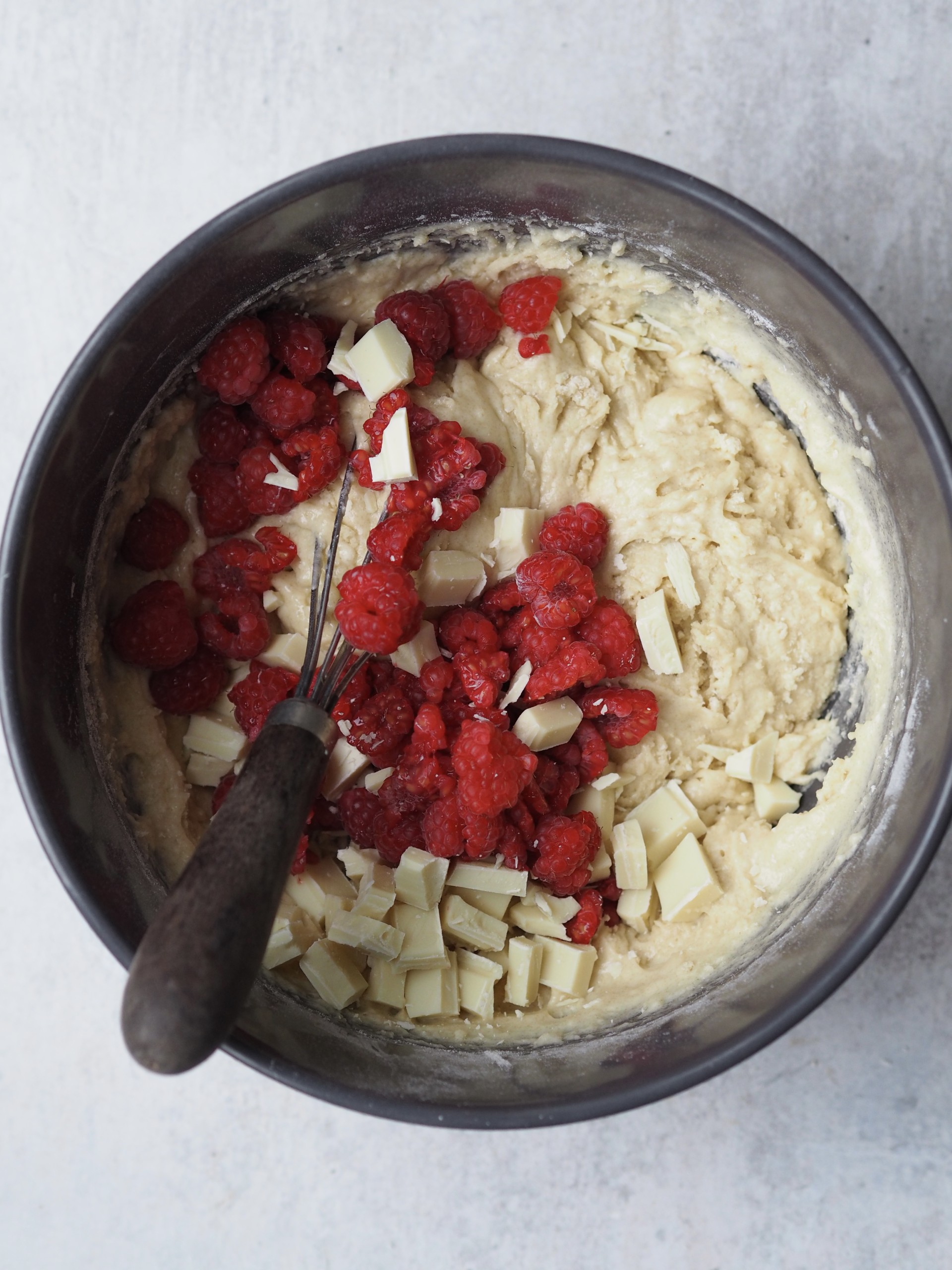 Adding raspberries and chocolate to muffin batter