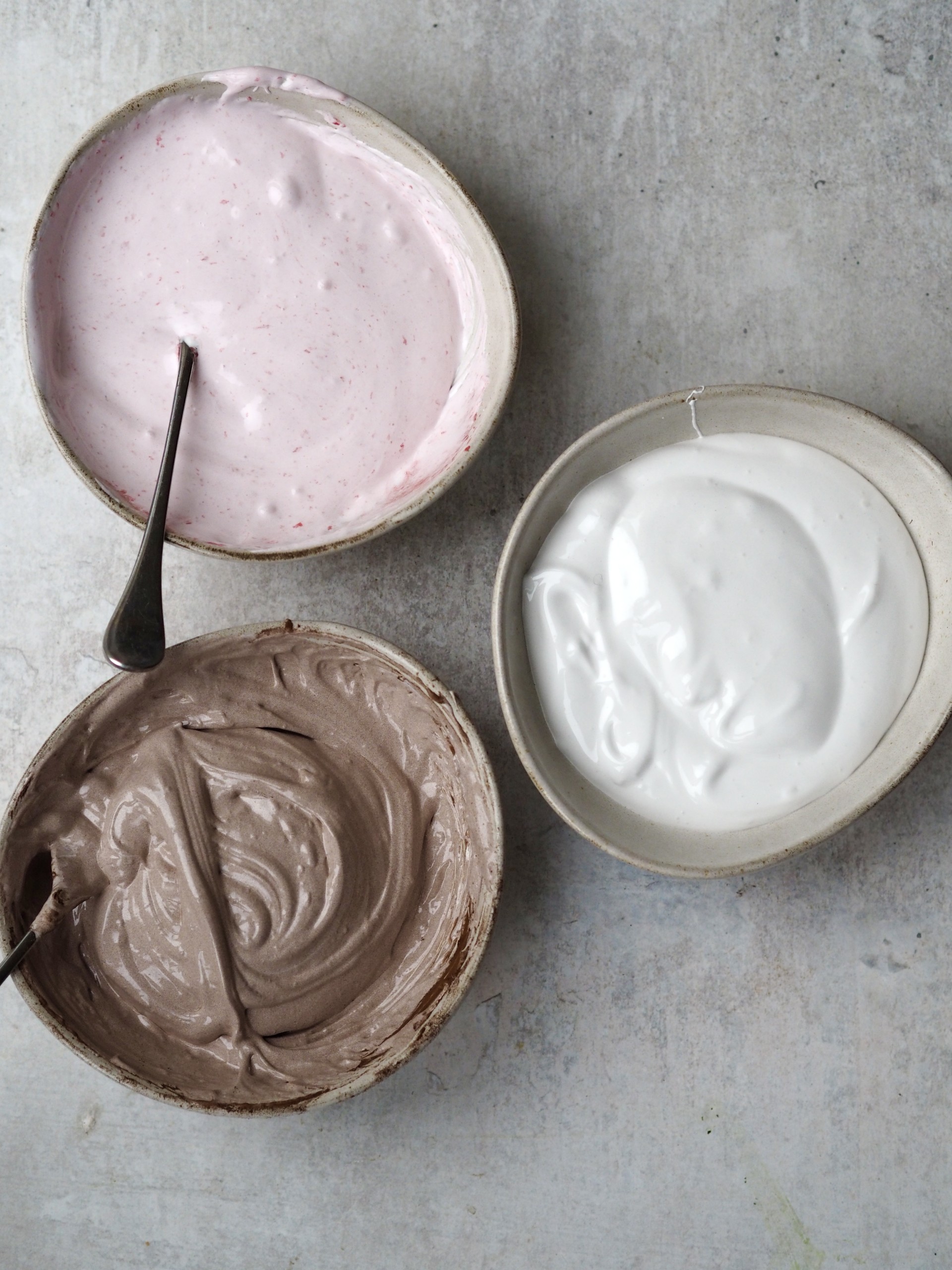 
Marshmallow mixture in three bowls
 