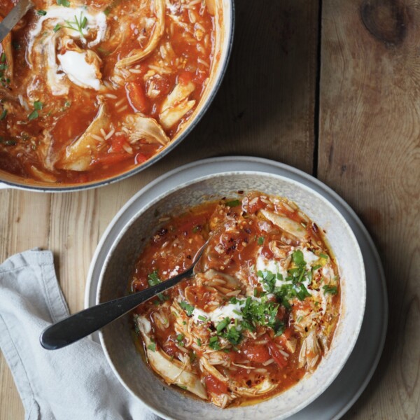 Serving Turkey and Rice Soup in a bowl