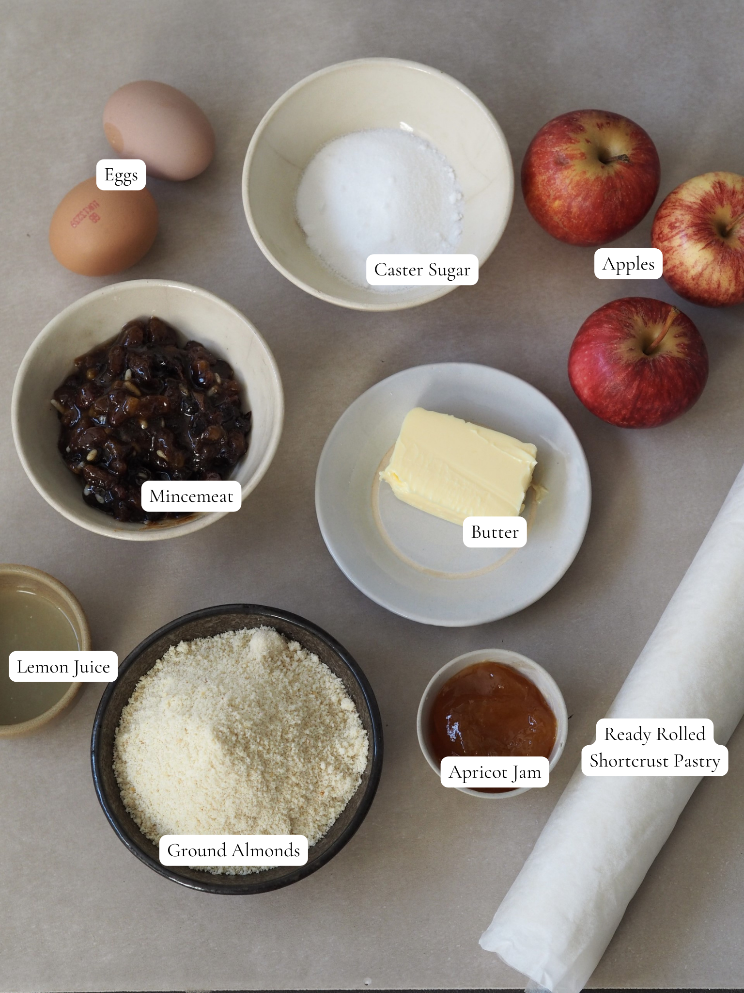 fresh ingredients to make mincemeat and frangipane tart. 