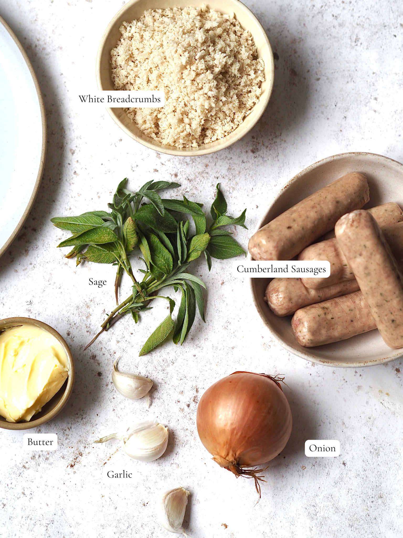 Labelled sausage, onion and sage stuffing ingredients.