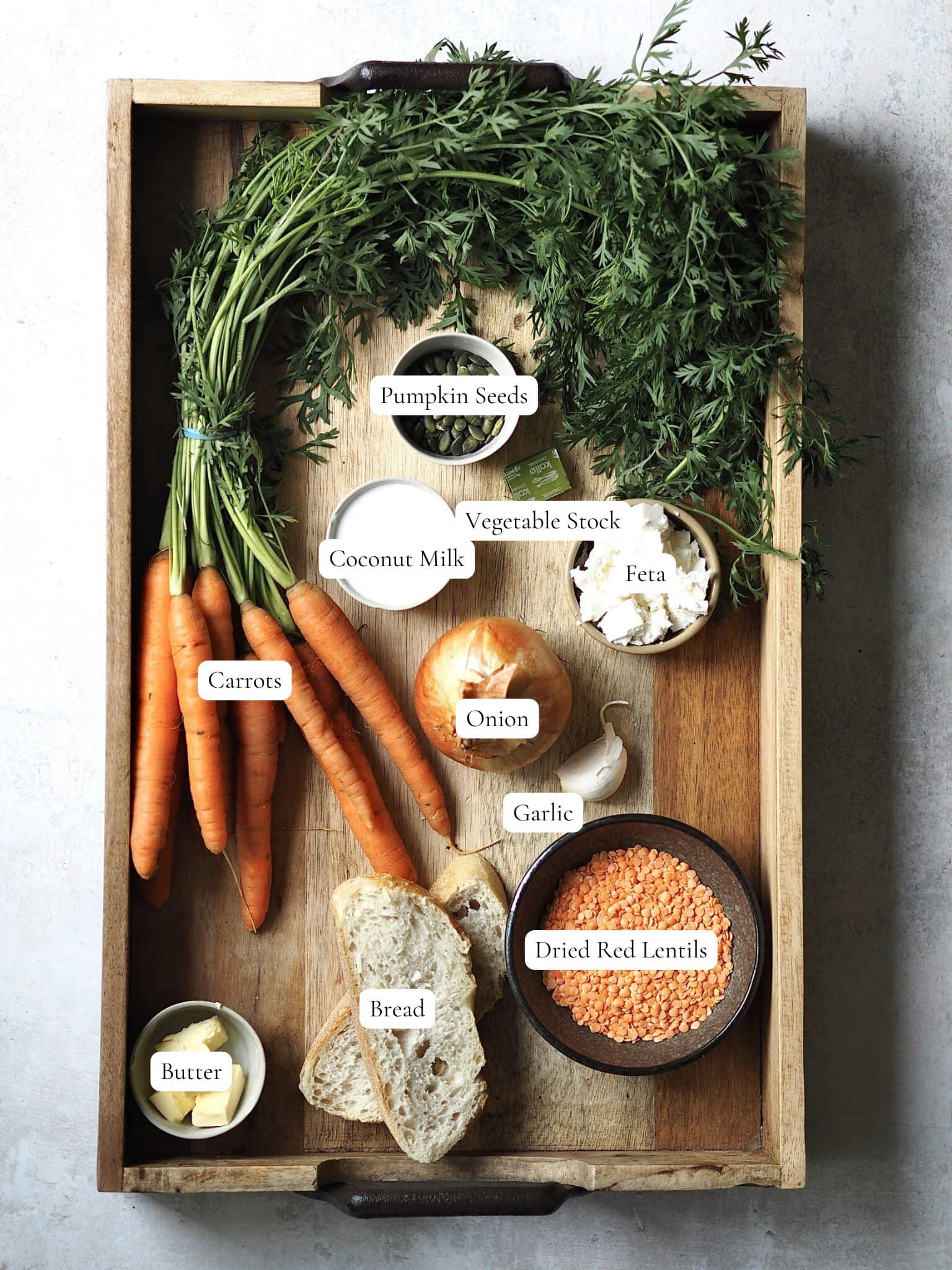 Ingredients for Spiced Carrot and Lentil Soup.